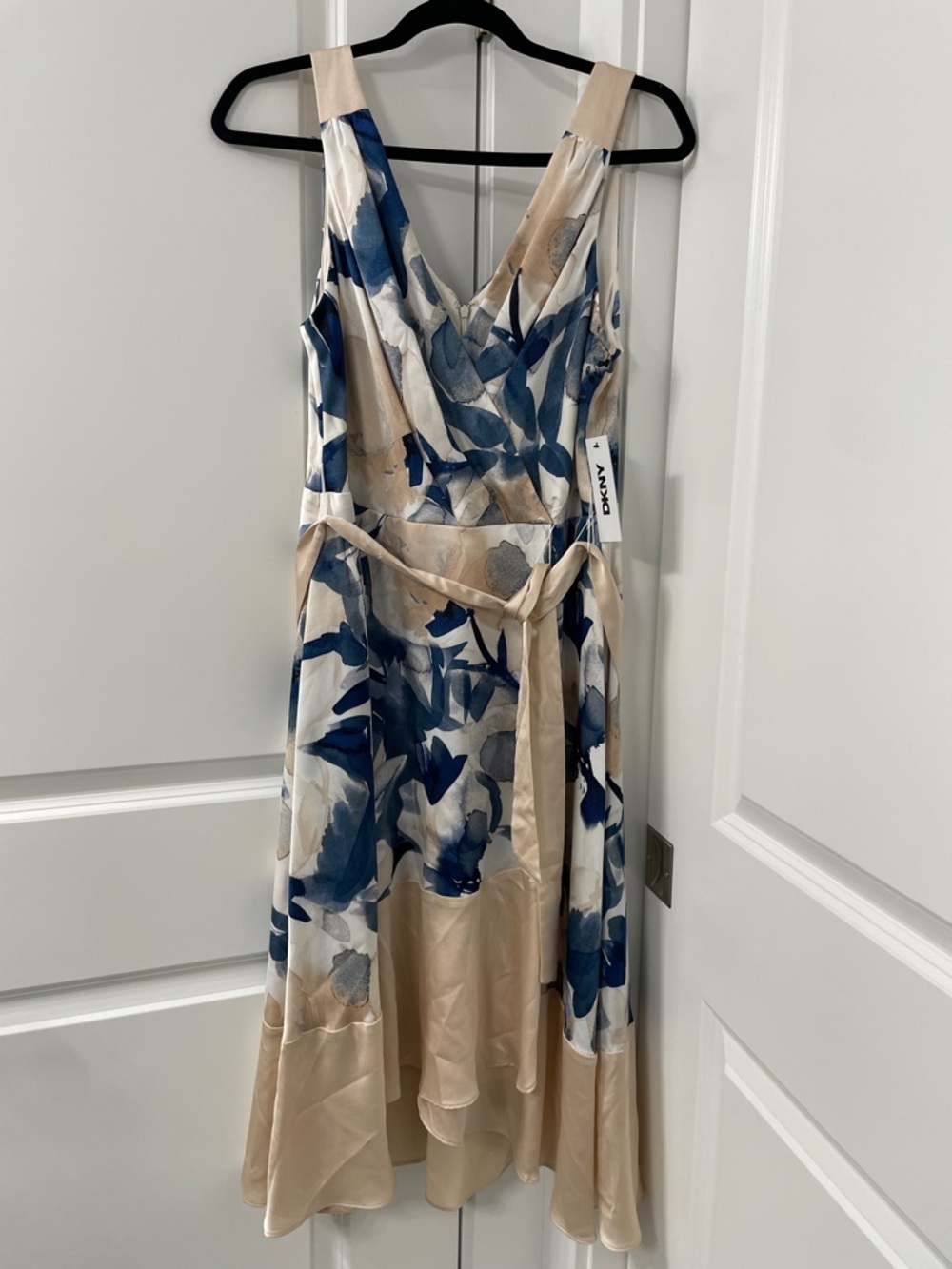 DKNY satin Blue and Beige Floral Wrap Midi Dress